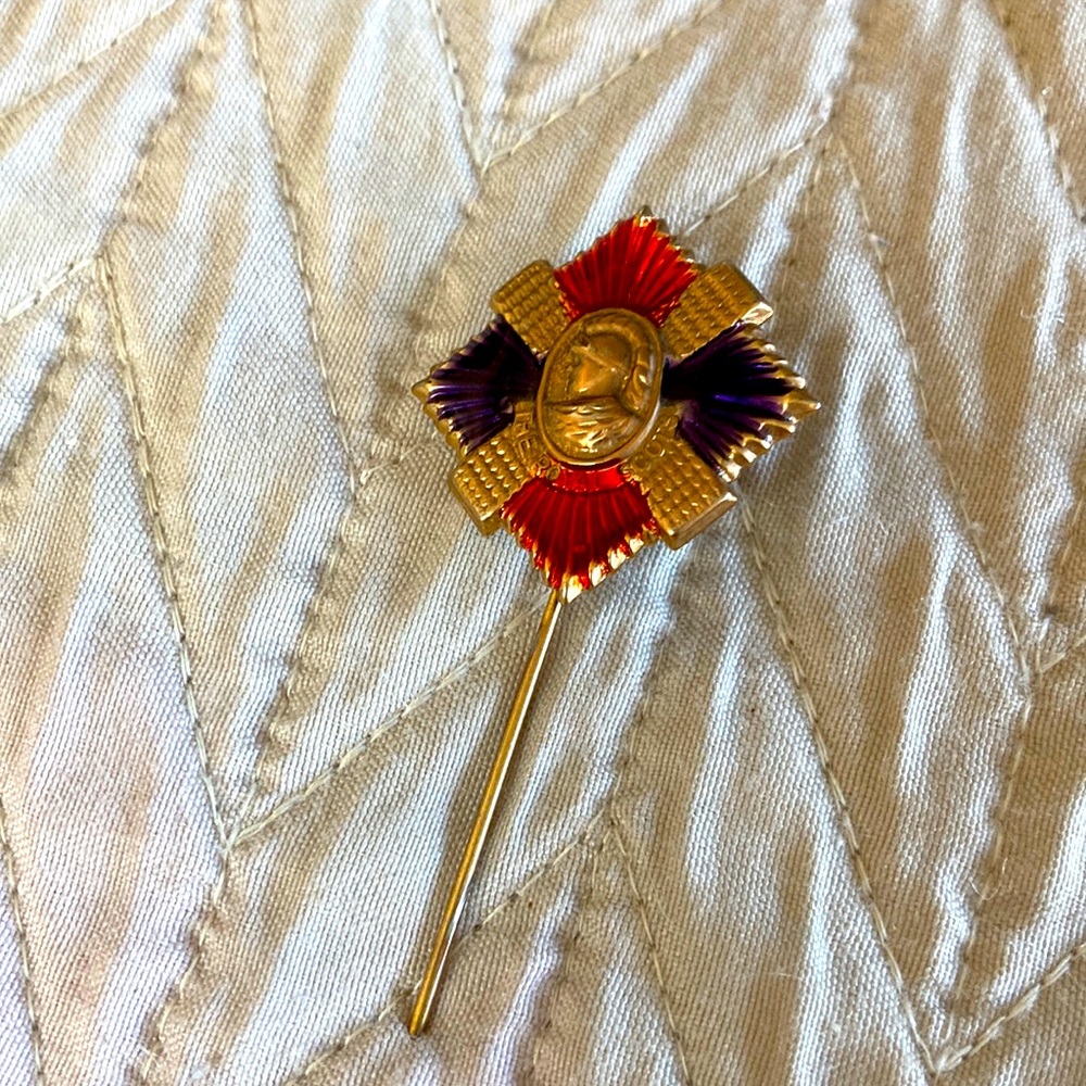 Eclectic 1970s Roman soldier stick pin. Red and blue-purple lacquer.